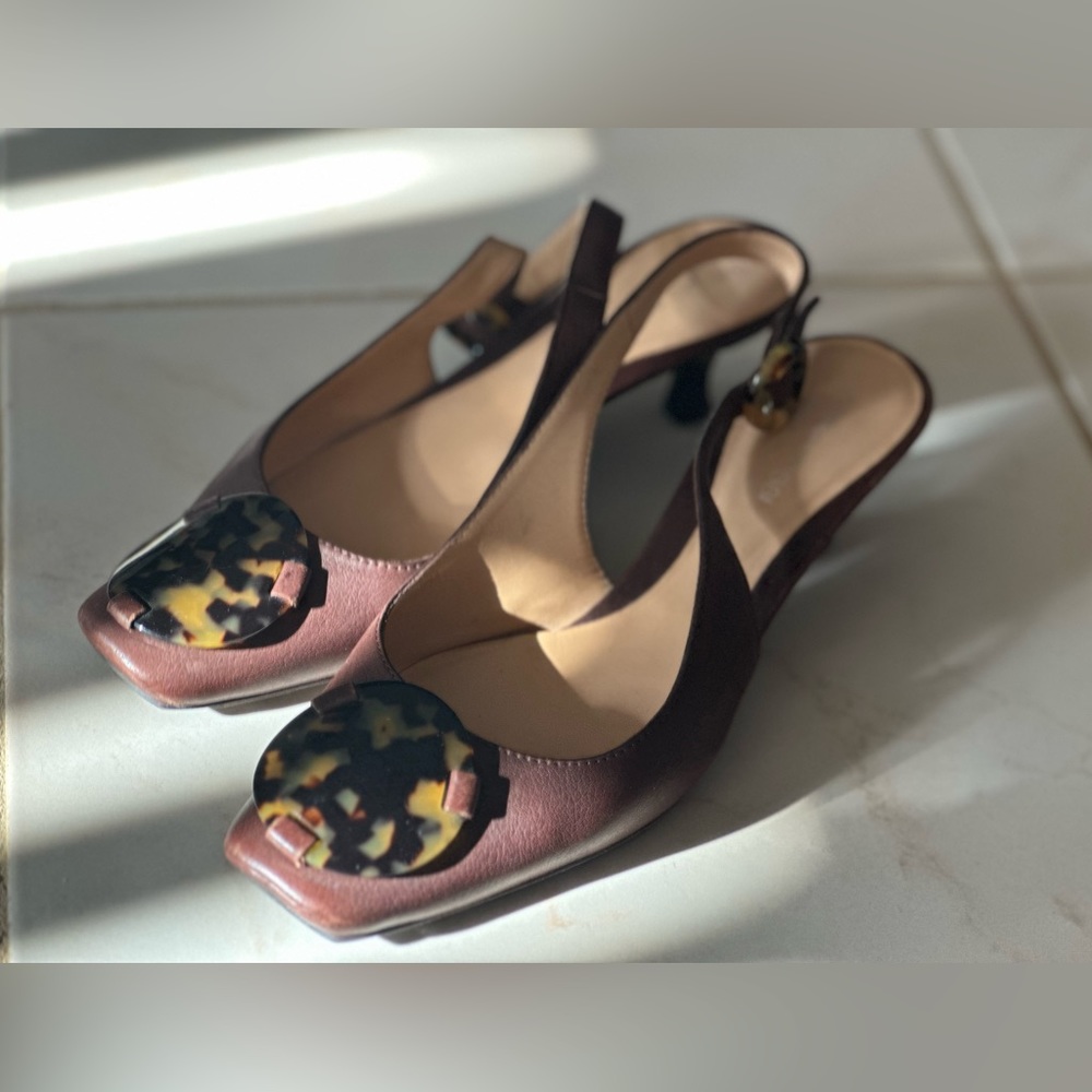 Sergio Rossi - Brown Leather Kitten Heeled Square Toe Slingbacks - Size 6 1/2